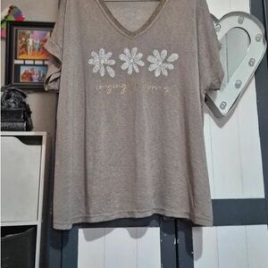 H&M Taupe Floral Embellished Tee